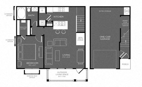 Floor plan for 1 bed, 1 bath, 747 sqft